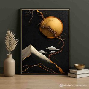 black gold wall art, modern abstract landscape painting, luxury cafe wall decor, moon wall art canvas 30x48, premium black gold canvas art, modern vertical wall art