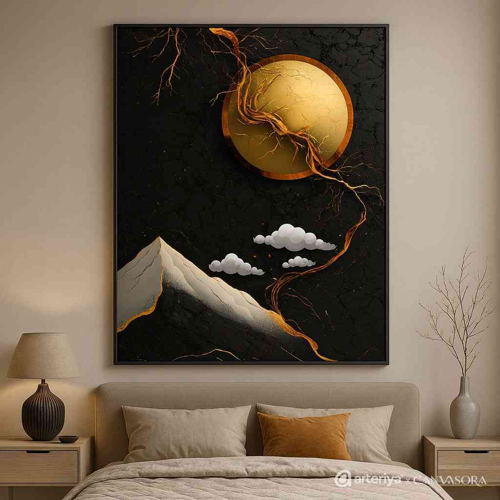 5 black gold wall art, modern abstract landscape painting, luxury cafe wall decor, moon wall art canvas 30x48, premium black gold canvas art, modern vertical wall art