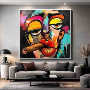 abstract cubist face wall art, colorful abstract portrait canvas, modern statement wall art 30x48, luxury abstract painting for living room, contemporary bold face wall decor