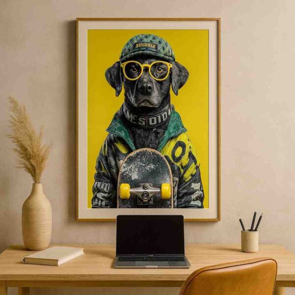 pop art dog wall art, modern animal portrait canvas 30x48, yellow pop art wall decor, contemporary dog painting for living room, skateboard dog artwork