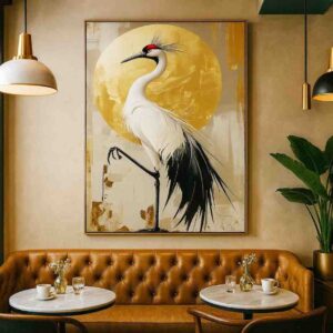 Golden crane wall art, crane canvas painting, luxury wall art for living room, modern wall painting 30x48 inch, large canvas painting, premium framed wall art, contemporary bird wall art, elegant wall décor painting, designer wall art for home, minimalist luxury wall art, statement wall painting
