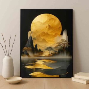 Golden moon wall art, landscape canvas painting, luxury wall art for living room, modern wall painting 30x48 inch, large canvas painting, premium framed wall art, abstract landscape wall art, modern luxury wall décor, designer wall art for home, statement wall painting, elegant home décor painting