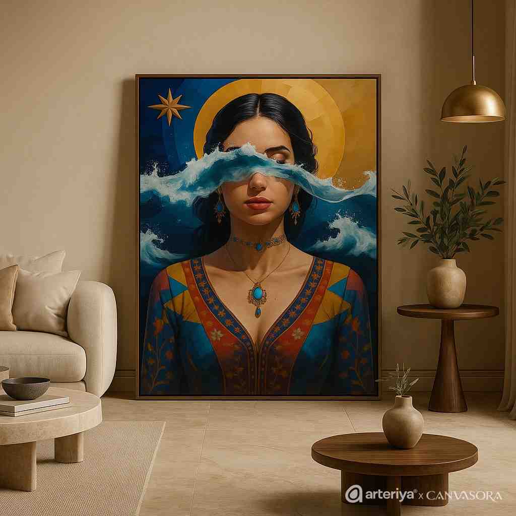 arteriya (16) surreal woman wall art, ocean theme portrait painting, modern figurative canvas art, luxury bedroom wall art, spiritual abstract portrait