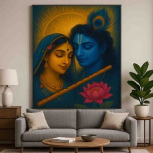 Radha Krishna wall art, Radha Krishna canvas painting 30x48 inch, devotional wall décor for bedroom, Krishna flute painting, lotus spiritual wall art, vastu positive wall painting, premium framed religious art, luxury Indian home décor painting