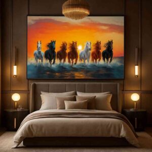 horses sunset wall art, running horses canvas painting, luxury bedroom wall decor 48x30, modern horse artwork for home, statement animal wall art