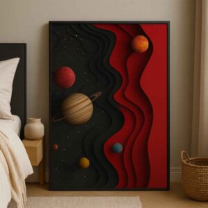 modern abstract wall art, cosmic planet canvas painting, black red abstract wall decor, luxury modern wall art, statement artwork for bedroom