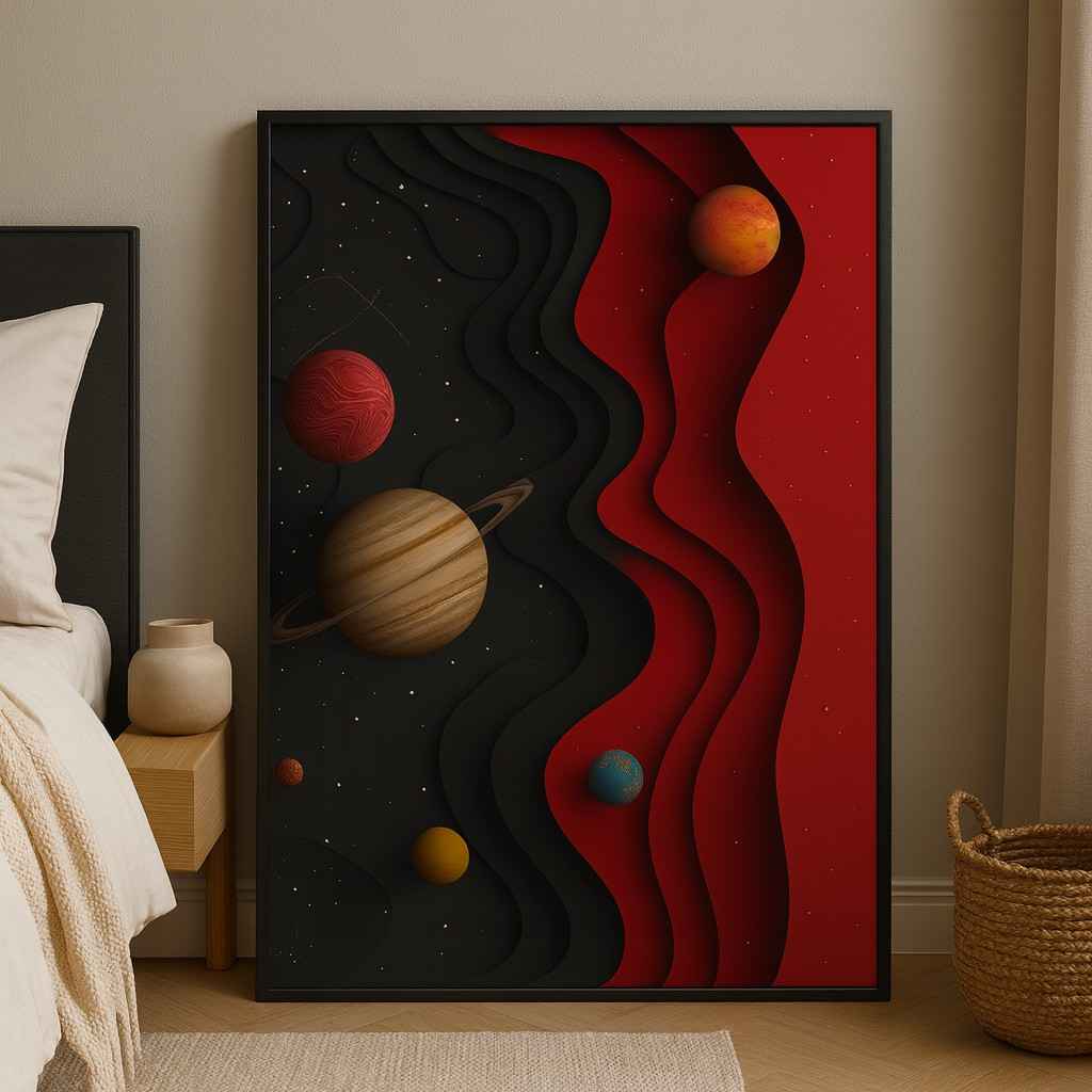 arteriya - 2025-12-11T065142.501 modern abstract wall art, cosmic planet canvas painting, black red abstract wall decor, luxury modern wall art, statement artwork for bedroom