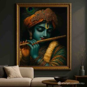 Lord Krishna wall art, Krishna flute canvas painting, spiritual wall art for home, Hindu god wall painting 30x48 inch, large canvas painting, vastu spiritual wall art, premium framed religious painting, divine wall décor painting, Krishna portrait wall art, mythological wall art