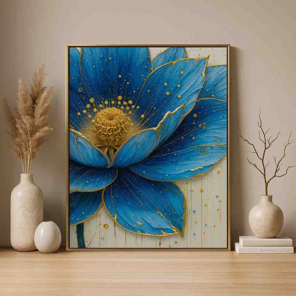 arteriya - 2025-12-24T124520.116 Blue lotus wall art, lotus canvas painting, floral wall art for living room, luxury wall art 30x48 inch, modern wall painting, large canvas painting, premium framed wall art, contemporary floral artwork, designer wall art for home, vastu lotus wall art, elegant home décor painting