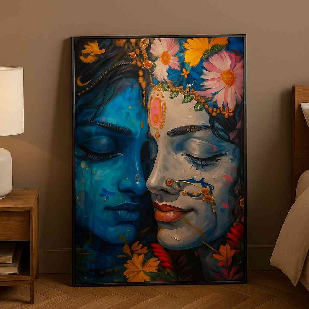 arteriya - 2025-12-24T132121.307 Radha Krishna wall art, devotional canvas painting, floral Radha Krishna painting, spiritual wall art for home, Hindu god wall painting 30x48 inch, large canvas painting, vastu spiritual wall art, premium framed religious painting, divine love wall décor, Krishna Radha portrait art