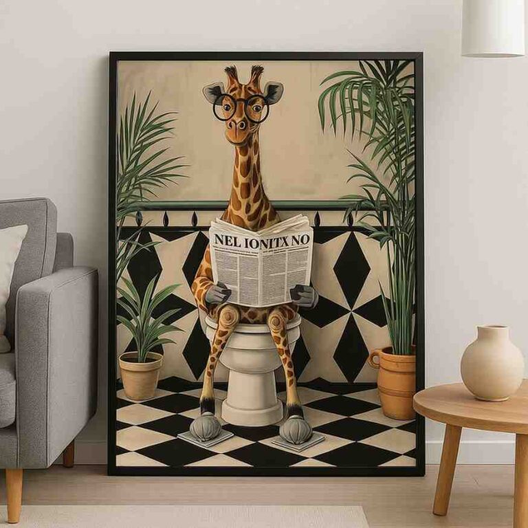 quirky animal wall art, giraffe canvas painting, humorous modern wall decor, whimsical pop art canvas, statement wall art for living room