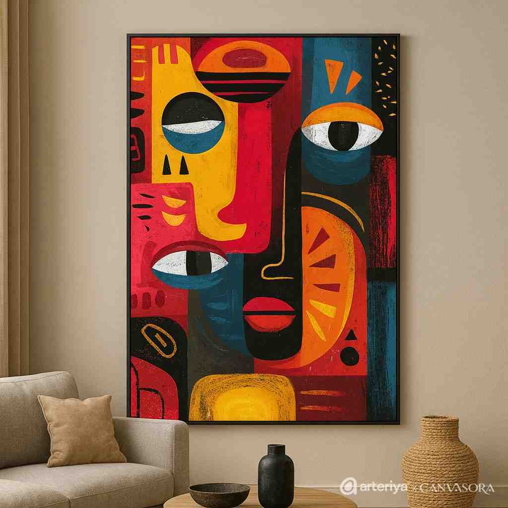 arteriya (29) modern cubist wall art, abstract face canvas painting, geometric abstract portrait, contemporary office wall art, bold modern wall decor