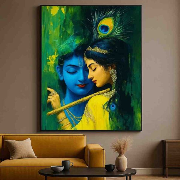 radha krishna wall art, green radha krishna painting, krishna flute canvas painting, devotional wall art 30x48 inch, peacock feather krishna painting, spiritual wall décor for living room, premium framed canvas painting, pooja room wall art