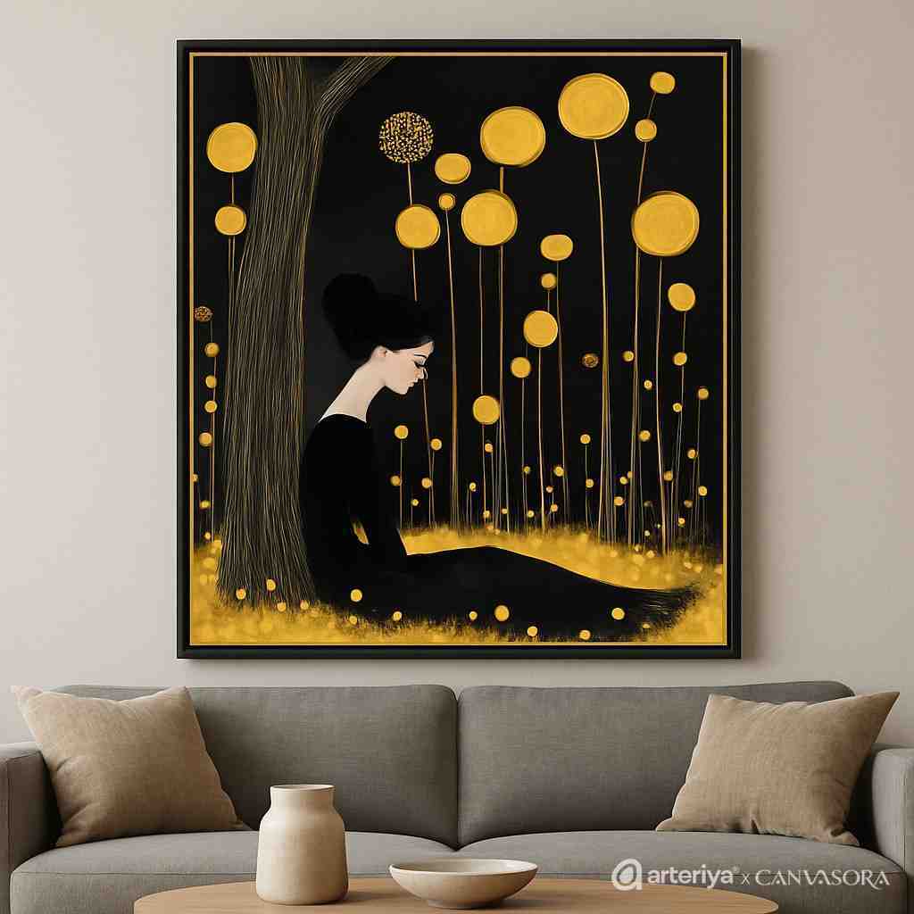 arteriya (34) abstract woman wall art, black and gold canvas painting, luxury modern wall décor, minimalist abstract painting 30x48 inch, premium framed canvas art, feminine abstract wall art, contemporary home décor painting