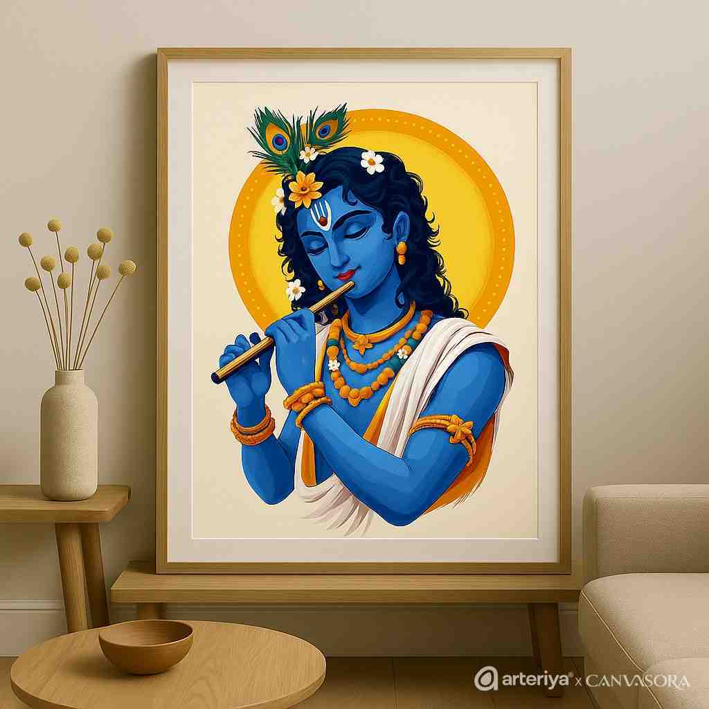 Krishna flute wall art 30x48 inch, Lord Krishna canvas painting, spiritual wall décor for home, premium Krishna painting framed, religious wall art modern, Krishna peacock feather painting, luxury pooja room décor