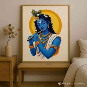 Krishna flute wall art 30x48 inch, Lord Krishna canvas painting, spiritual wall décor for home, premium Krishna painting framed, religious wall art modern, Krishna peacock feather painting, luxury pooja room décor