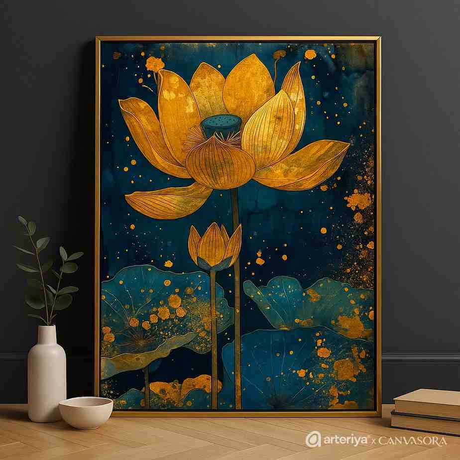 arteriya (68) Golden lotus wall art, lotus canvas painting, modern wall painting for living room, luxury wall art 30x48 inch, large canvas painting, spiritual wall décor, premium framed wall art, contemporary lotus painting, home décor wall painting, abstract lotus artwork, designer wall art for home, vastu wall art painting