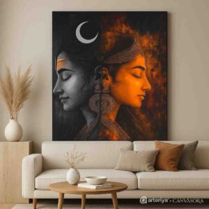 Shiva Shakti wall art 30x48 inch, spiritual canvas painting, modern religious wall décor, Shiva Shakti painting framed, premium spiritual wall art, vastu positive wall painting for home