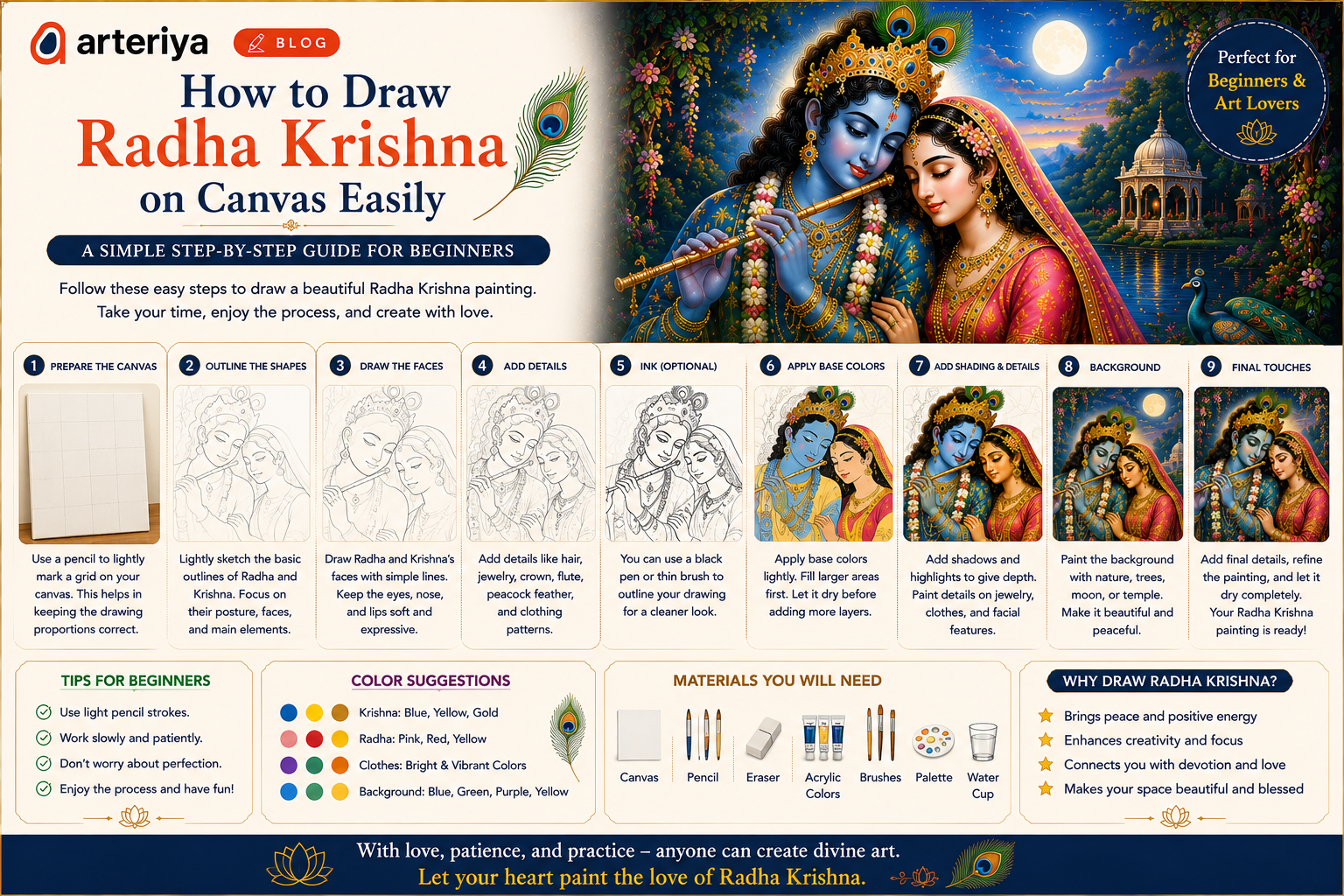 Learn how to draw Radha Krishna on canvas easily with beginner-friendly techniques, silhouette art ideas, spiritual DIY décor inspiration, and modern devotional painting tips.