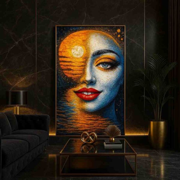 surreal portrait painting, celestial wall art, moonlit seascape canvas, modern surreal artwork, luxury contemporary wall art, feminine portrait painting, moon and ocean artwork, abstract face canvas art, cosmic wall décor, premium canvas painting, modern luxury wall art, artistic portrait canvas, statement wall artwork, designer home décor, celestial contemporary painting