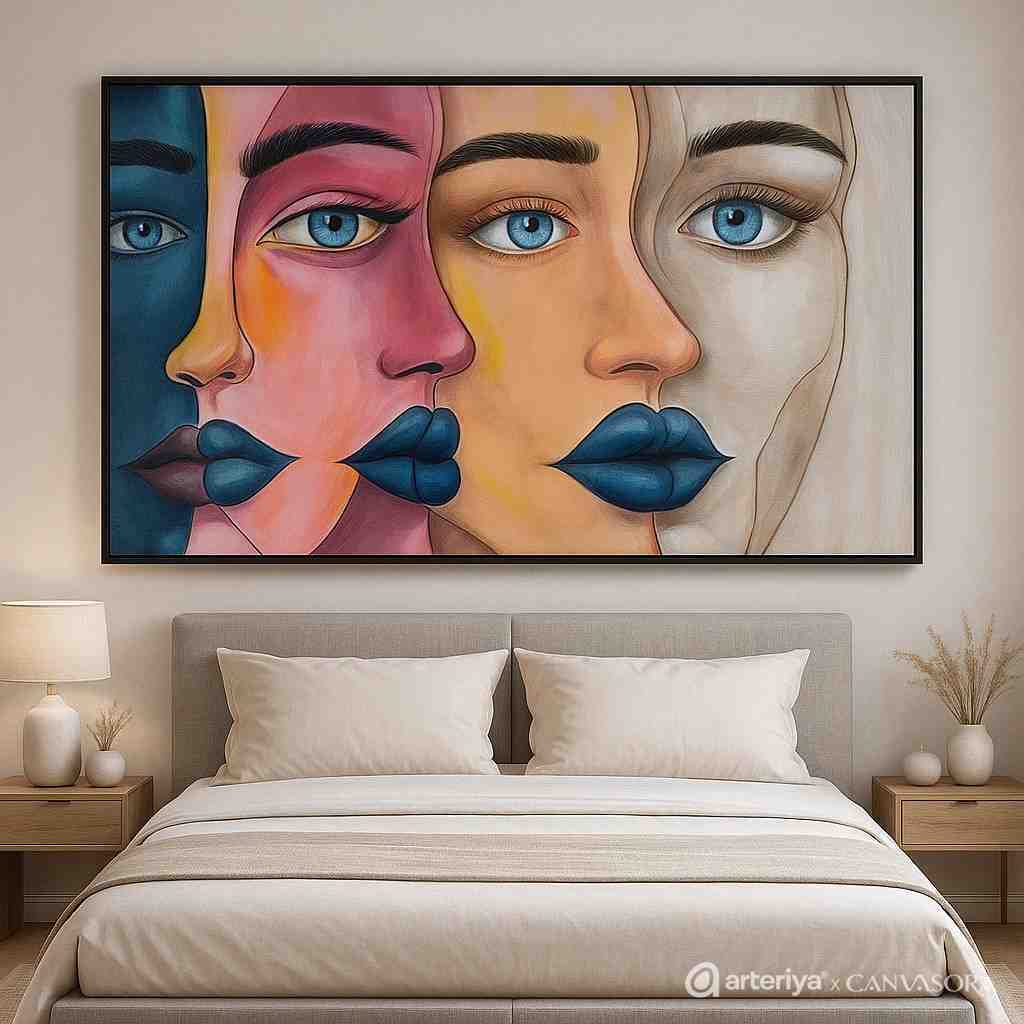 arteriya - 2025-12-24T160044.332 abstract face painting, modern portrait wall art, contemporary face canvas painting, blue lips artwork, abstract woman face painting, luxury wall décor, panoramic canvas art, modern bedroom wall art, contemporary portrait artwork, minimalist abstract painting, designer wall painting, luxury canvas print, modern abstract faces, oversized wall art, artistic portrait canvas