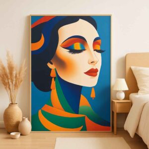 abstract portrait painting, modern woman wall art, colorful contemporary canvas, fashion inspired artwork, vibrant portrait painting, luxury wall décor, geometric face painting, modern abstract canvas art, stylish woman portrait, premium canvas wall art, designer home décor, statement contemporary artwork, artistic portrait canvas, modern bedroom wall art, colorful face painting
