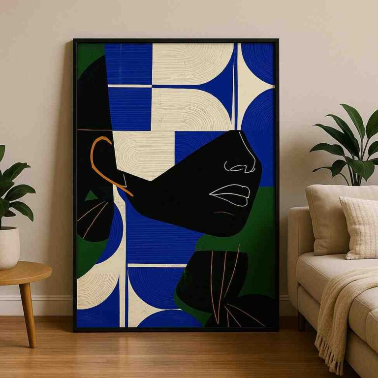 geometric portrait painting, abstract face wall art, contemporary geometric canvas, minimalist portrait artwork, modern abstract wall décor, luxury canvas wall art, blue and black painting, modern face canvas print, architectural abstract artwork, designer wall décor, premium contemporary painting, geometric woman portrait, modern home wall art, statement abstract canvas, minimalist luxury artwork