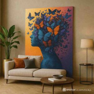 butterfly wall art, surreal portrait painting, butterfly woman canvas art, contemporary abstract wall art, modern butterfly painting, luxury canvas wall décor, feminine silhouette artwork, artistic butterfly portrait, colorful surreal canvas, modern home wall art, inspirational wall painting, abstract butterfly artwork, premium canvas print, designer wall décor, statement contemporary art