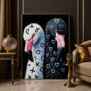 modern flamingo wall art, decorative flamingo painting, black and white flamingo artwork, contemporary bird canvas art, luxury animal wall décor, abstract flamingo painting, flamingo couple wall art, premium canvas wall art, modern home décor painting, stylish bird artwork, artistic flamingo canvas, designer wall art, flamingo portrait painting, luxury contemporary artwork, statement flamingo wall décor