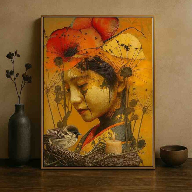 Discover a stunning surreal floral portrait canvas painting featuring feminine elegance, botanical beauty, and warm contemporary artistry. Perfect luxury wall décor for modern interiors.