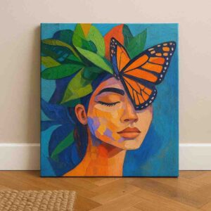 butterfly portrait painting, contemporary woman wall art, monarch butterfly canvas, abstract feminine artwork, modern portrait painting, colorful canvas wall art, botanical portrait artwork, luxury wall décor, modern butterfly painting, artistic face canvas print, statement wall art, premium contemporary canvas, designer home décor, modern bedroom artwork, abstract nature portrait