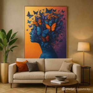 butterfly wall art, surreal portrait painting, butterfly woman canvas art, contemporary abstract wall art, modern butterfly painting, luxury canvas wall décor, feminine silhouette artwork, artistic butterfly portrait, colorful surreal canvas, modern home wall art, inspirational wall painting, abstract butterfly artwork, premium canvas print, designer wall décor, statement contemporary art
