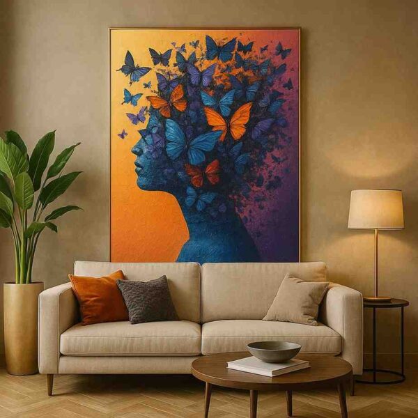 butterfly wall art, surreal portrait painting, butterfly woman canvas art, contemporary abstract wall art, modern butterfly painting, luxury canvas wall décor, feminine silhouette artwork, artistic butterfly portrait, colorful surreal canvas, modern home wall art, inspirational wall painting, abstract butterfly artwork, premium canvas print, designer wall décor, statement contemporary art