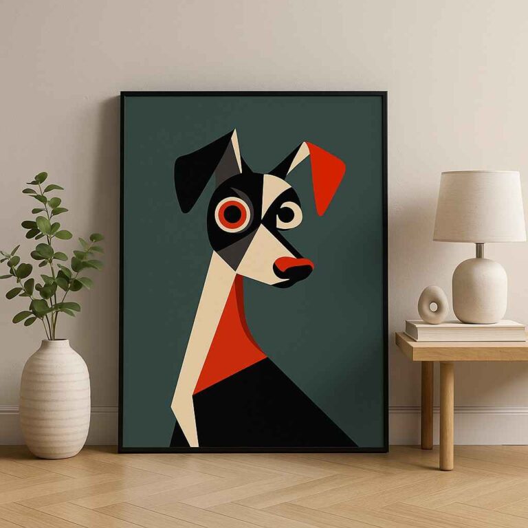 geometric dog painting, modern dog wall art, abstract animal canvas, contemporary pet artwork, minimalist dog portrait, luxury canvas wall décor, geometric animal painting, modern home wall art, dog lover artwork, stylish pet canvas print, premium contemporary painting, designer wall décor, abstract dog portrait, playful modern artwork, statement animal wall art