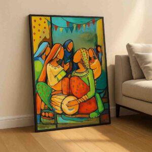 folk art painting, traditional village wall art, cultural canvas painting, abstract folk artwork, Indian folk art canvas, colorful contemporary wall art, village life painting, ethnic wall décor, musical gathering artwork, modern folk painting, luxury canvas wall art, festive cultural artwork, handmade style painting, decorative wall canvas, vibrant folk art print