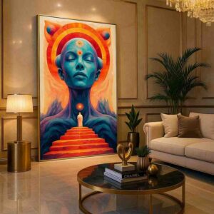 spiritual wall art, meditation canvas painting, surreal spiritual artwork, cosmic portrait painting, third eye wall art, modern spiritual canvas, meditation room décor, mystical wall painting, luxury spiritual artwork, healing energy painting, contemporary surreal portrait, chakra inspired wall art, visionary art canvas, modern meditation artwork, spiritual home décor