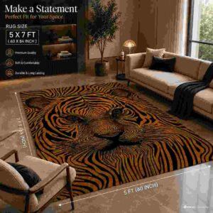 Bold black and yellow tiger face area rug in a modern living room