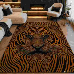 Bold black and yellow tiger face area rug in a modern living room
