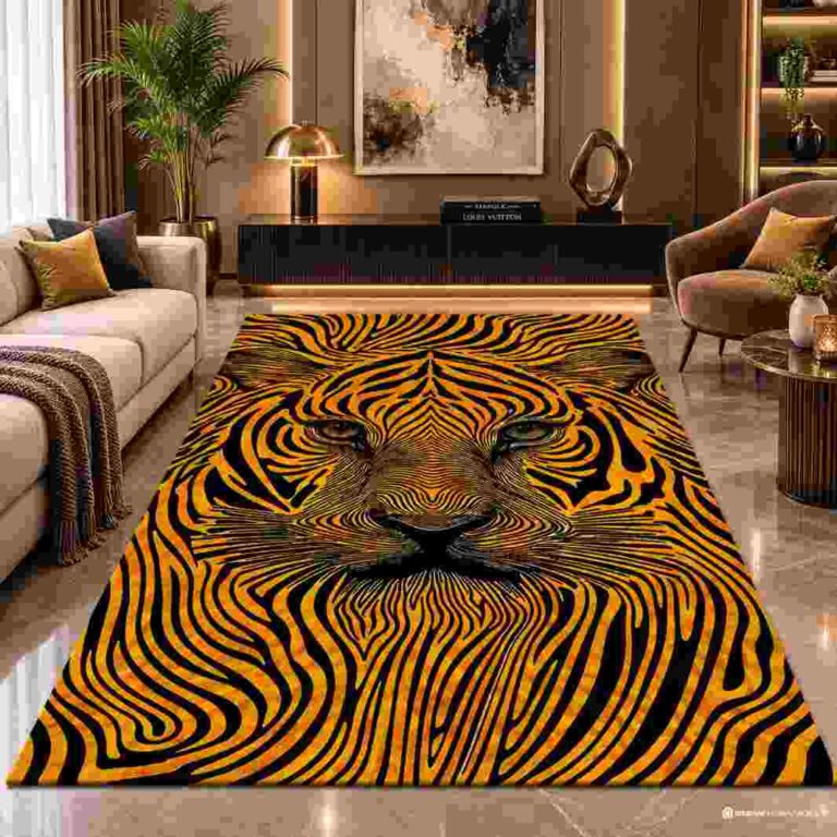 Bold black and yellow tiger face area rug in a modern living room