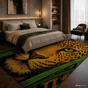 Leopard face green and gold modern area rug in a luxury living room