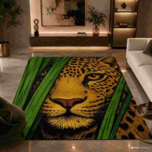 Leopard face green and gold modern area rug in a luxury living room
