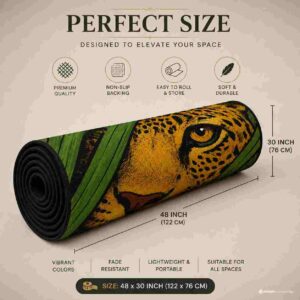 Leopard face green and gold modern area rug in a luxury living room