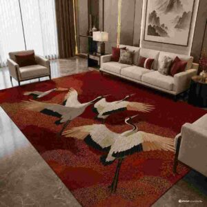 Red crane Japanese-inspired artistic area rug in a modern living room