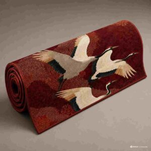 Red crane Japanese-inspired artistic area rug in a modern living room