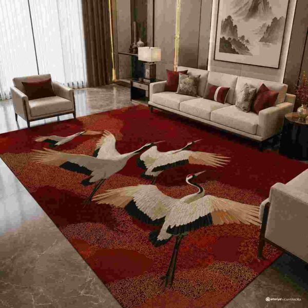 Red crane Japanese-inspired artistic area rug in a modern living room