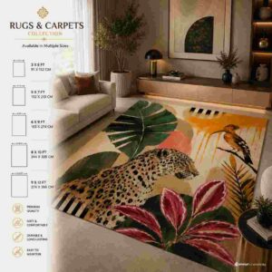 Tropical leopard and botanical printed area rug in a modern living room