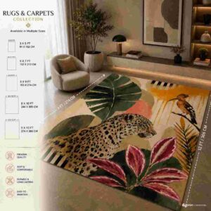 Tropical leopard and botanical printed area rug in a modern living room