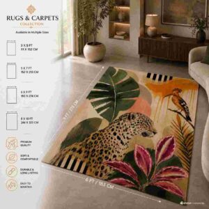 Tropical leopard and botanical printed area rug in a modern living room