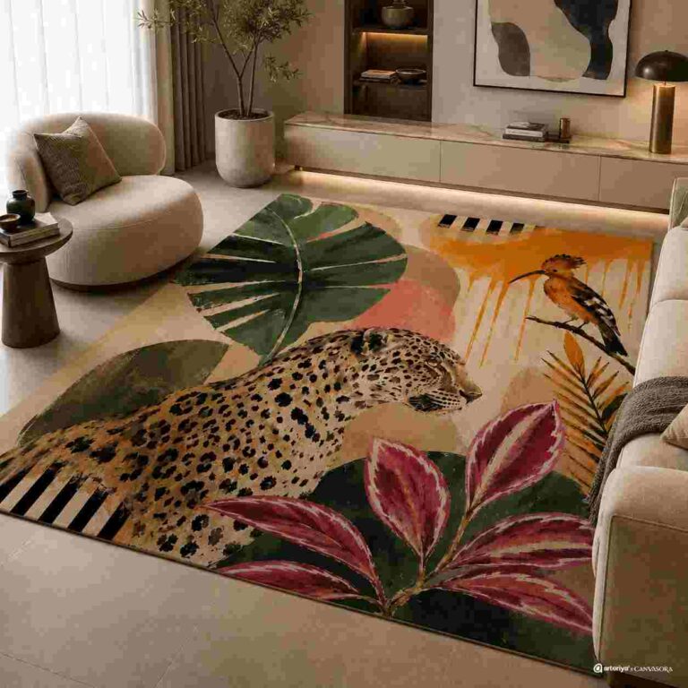 Tropical leopard and botanical printed area rug in a modern living room