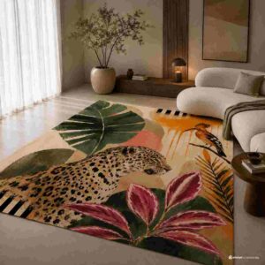 Tropical leopard and botanical printed area rug in a modern living room